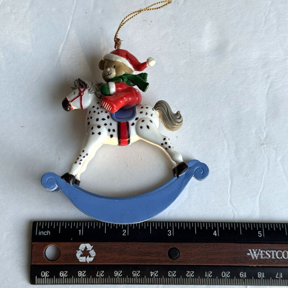 Vintage Plastic Rocking Horse with Teddy Bear Ornament Spotted Horse Christmas - Picture 5 of 5